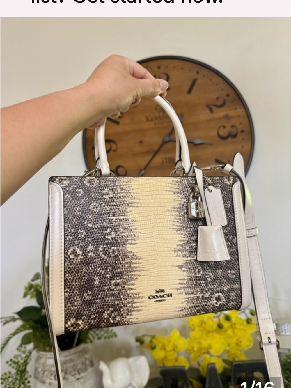 LIKE NEW Coach Zoe Carryall Satchel Chalk/Silver lizard- embossed -leather. $598